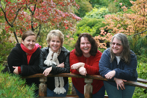 Chris, Michelle, Allison & Kristin on a bridge in the Japanese Garden